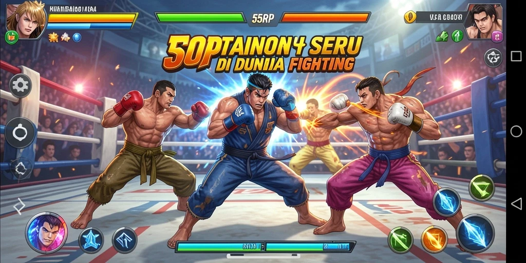 Screenshot gameplay 55RP menampilkan pertarungan seru antara karakter.